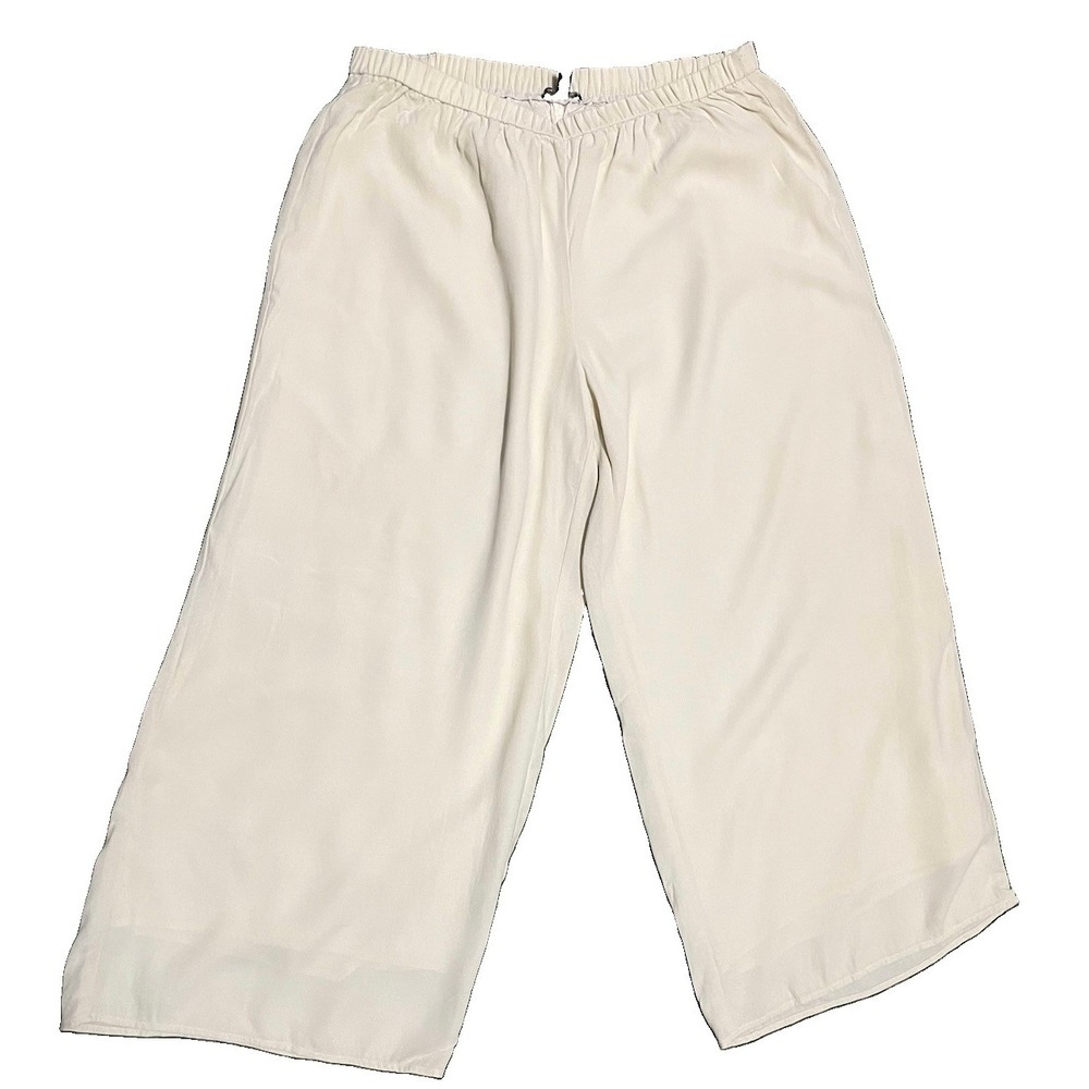 Eileen Fisher 100% Silk Georgette Crepe Wide Leg Crop Pant Bone Ivory Size L